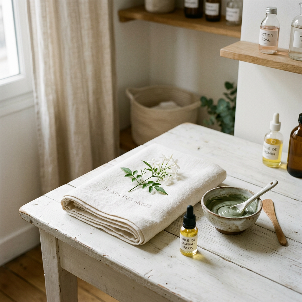 Espace spa avec serviettes et produits